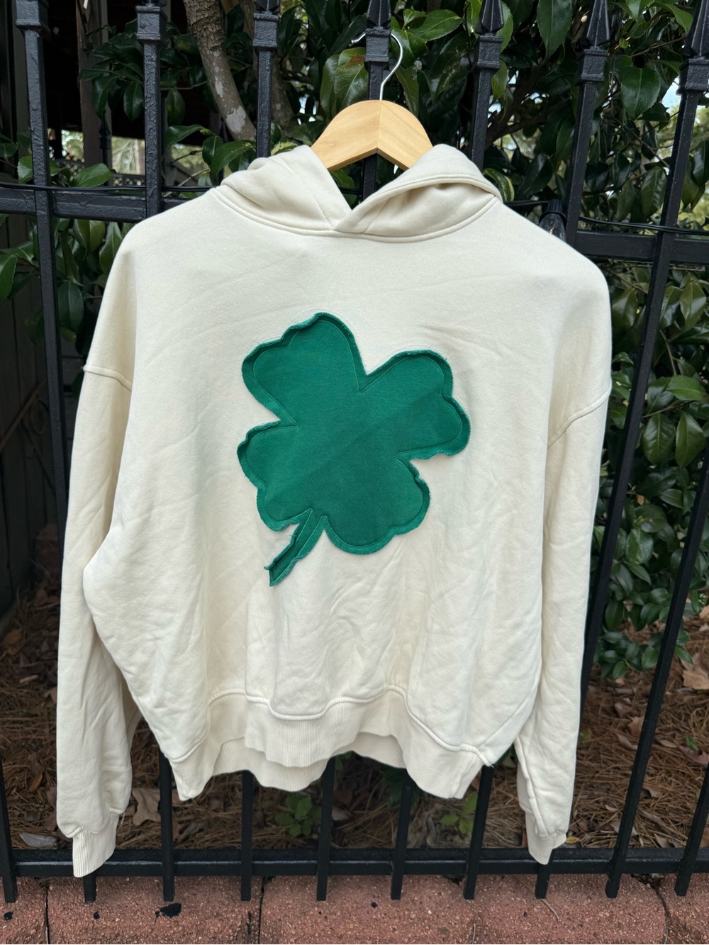 Modern Lux Cream Hoodie with Green Clover Applique XS